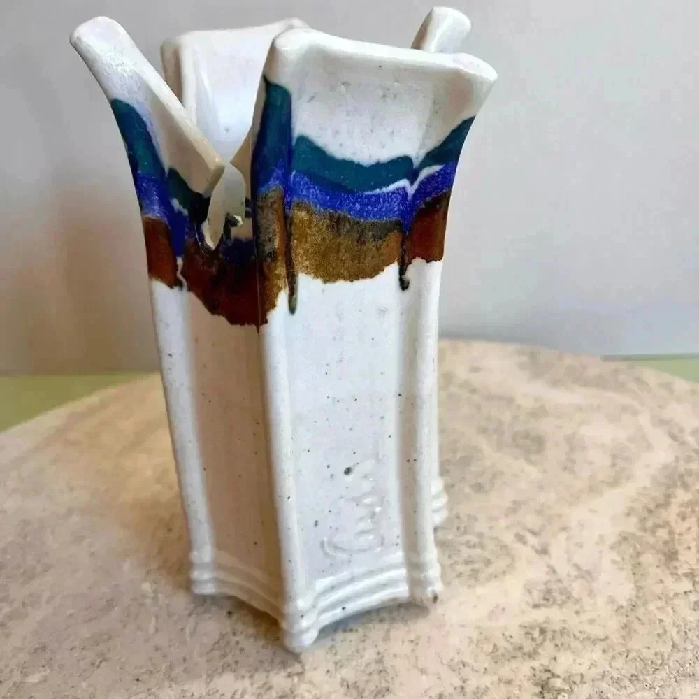 Vintage Flower Table Kitchen Vase White Blue‎ Pour Technique 4 x 7 Inches artist